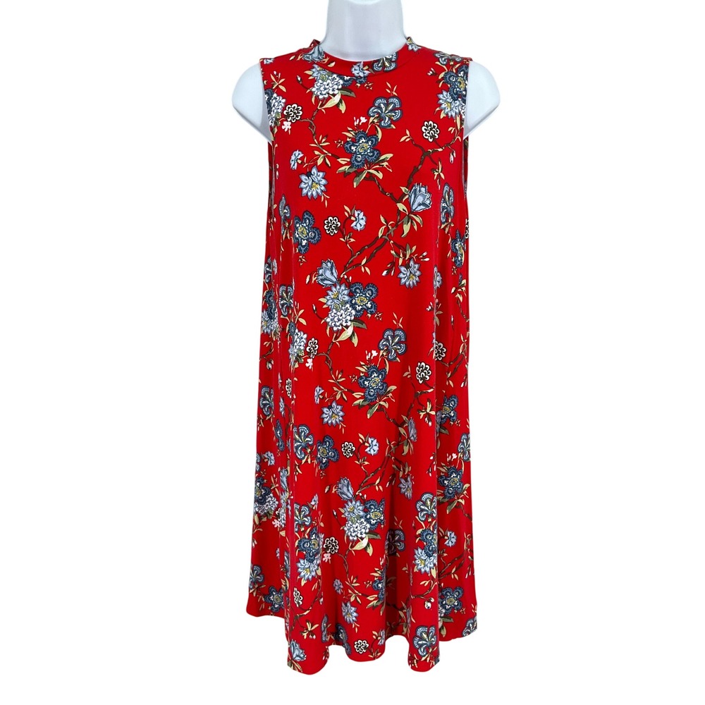 LOFT Shift Dress Womens Small Red Floral Mock Neck Sleeveless Classic Bohemian